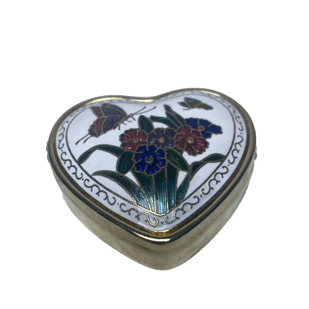VTG Cloisonné Small Hinged Trinket Pill Jewelry Box Butterfly Flower